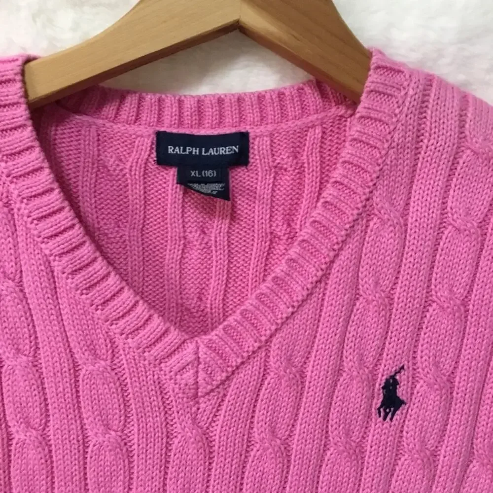 Ralph Lauren Girl Pink Cable Knit V-Neck Dress